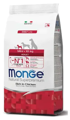 Productafbeelding van Monge cane superpremium mini volwassen hondenvoer met kip. Verpakking: 800 gram