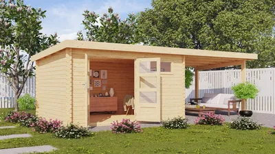 Produktbild von Gartenhaus Blockbohlenhaus Gerätehaus Bastrup 8 im Set mit Anbaudach 3 m breit naturbelassen 670x297x220 cm