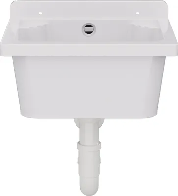 A white sink with a drain pipe attached, isolated on a white background.