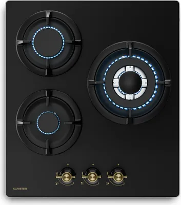 Image de Klarstein Victoria Plaque De Cuisson Gaz 3 Feux, 6050W, 45cm, Verre, Allumage Électrique, Sécurité Flamme, Compatible GPL & Gaz Naturel, Style Rétro, Kit Inclus, Noir
