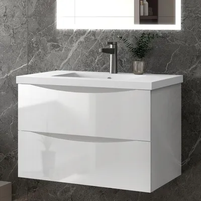 Produktbild von Badezimmerschrank Mineralguss Waschtisch mit Unterschrank Hochglanzweiß 100x44.5x52cm Badmöbel Set mit Soft-Close