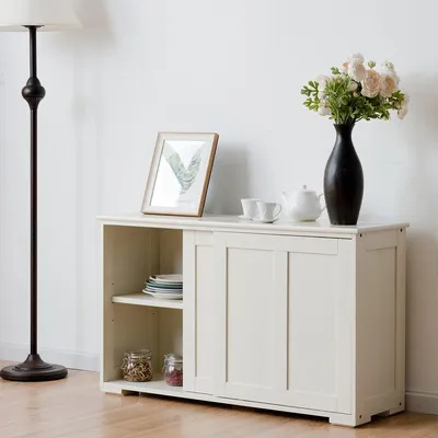 Produktbild von Sideboard Anrichte Küchenschrank Beistellschrank mit Schiebetüren Weiß/Braun 106,5 x 33 x 60 cm-Beige