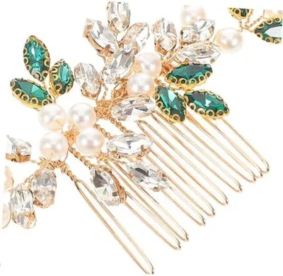Produktbild von Brauthaarschmuck mit grünen Strasssteinen, handgefertigt aus Weinrebenmaterial, Seitenkamm für Frauen und Mädchen
