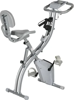 Image de HOMCOM Vélo d'appartement pliable, vélo d'exercice, home traîner pour adultes, 8 niveaux de résistance magnétique, capteurs pouls main, écran LCD multifonction, selle réglable, acier, gris argenté