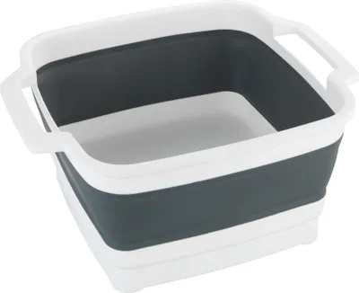 Produktbild von Wenko faltbare Camping-Spülschüssel aus PP/TPR, 8 Liter, Grau/Weiß, mit Ablaufstopfen & Tragegriffen, entfaltet: 39x39x32,5 cm, gefaltet: 39x39x7 cm