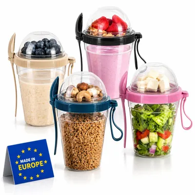 4er-Set Overnight-Oats-Behälter 591 ml BPA-frei mit Deckeln & Löffel