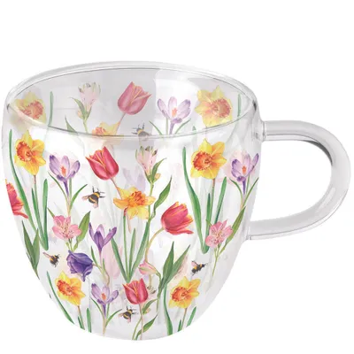 Produktbild von Glas doppelwandig Flowers in spring  - Frühlingsblumen und Bienen 0,25L, Höhe 9,5cm Ambiente Glas doppelwandig Teeglas Frühling