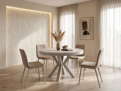 Produktbild von Runder Ausziehbarer Esstisch im Loft-Stil - Industrieller Tisch mit Grau-Beige Kaschmir Metallbeinen - Platzsparender Tisch für Wohnzimmer - Weiß - 100 bis 180 cm