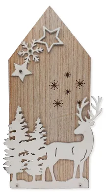 Dekohaus Winterwald aus Holz und Metall, 22 cm, mit Hirsch und Sternen