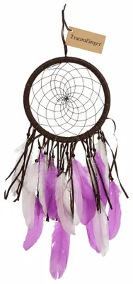 Image de Attrape-rêves - Orné de plumes marron et violettes - Décoration murale bohème - 54 x 22 cm