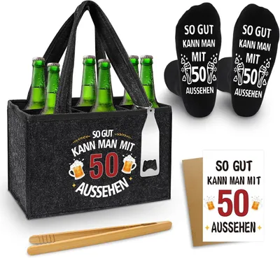 Immagine prodotto di Regali a tema birra per uomini - Borse da uomo - Sottobicchieri per birra - Borsa per bottiglie (6 bottiglie) con apriscatole - Calzini a tema birra - Biglietti di auguri - Regali per la festa del papà