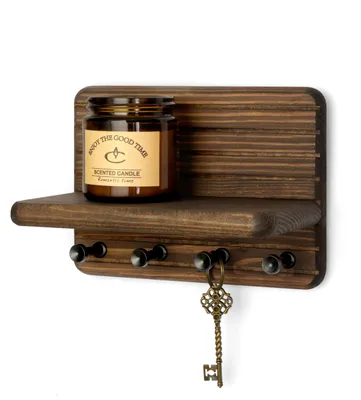 Produktbild von 17,8 cm großer Schlüsselhalter im Landhausstil – Kleiner Schlüsselhalter aus Holz mit 4 Haken und einem schwebenden Regal.
