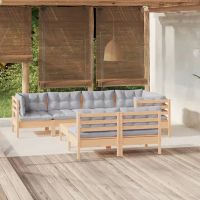 Produktbild von [Home] 8-tlg. Garten-Lounge-Set mit Grauen Kissen Kiefer Massivholz , Neue Mode 2024 im häuslichen Leben
