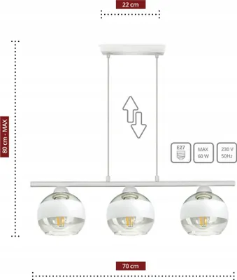 A product image showing a white pendant light with three glass globes, with dimensions indicated.
