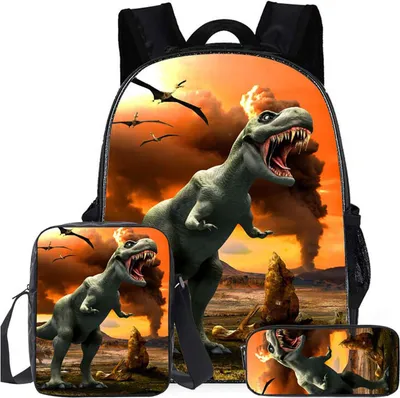 Image de 16 pouces Cool T-Rex Dinosaur Print Garçons Filles Sac à dos scolaire Sac à bandoulière, boîte à lunch, sac à crayons Ensemble de 3 pièces / Type F.
