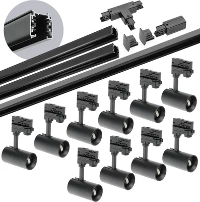 Immagine prodotto di Set di binari trifase NEXTRACK - Set completo di sistema a binari con 10 lampade GU10, binari da 2 x 1 m e 1 da 2 m, connettore a T esterno nero