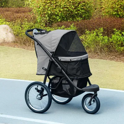 Produktbild von Hundebuggy mit Gummirädern, Ein-Klick-Faltung, Hundewagen Katzenwagen Oxford-Stahl, Grau | 100 x 58 x 100 cm | bis 10 kg | Aufbewahrungskorb