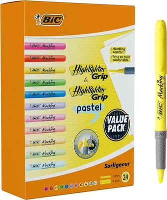 Produktbild von BIC Highlighter, Textmarker, 24er Pack, in verschiedenen Farben inkl. Pastell, mit Keilspitze, Strichstärke: 1.6 bis 3.4 mm, mit Austrocknungsschutz