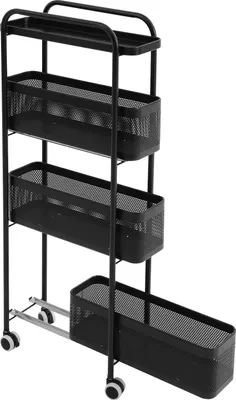 Produktbild von Schmaler Rollwagen mit Rädern - 4-stöckiger Küchenwagen Regal - Kohlenstoffstahl, ausziehbare Körbe, Gitterböden, 40×15×89,5 cm - Schwarz