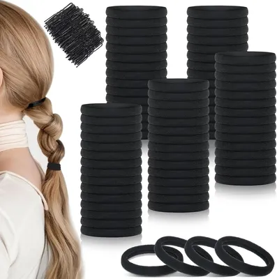 Produktbild von Elastische Haargummis Set, 100 Stück Schwarz, 4 cm, Nahtlose Haarhalter für Pferdeschwanz, mit 50 U-Kleber