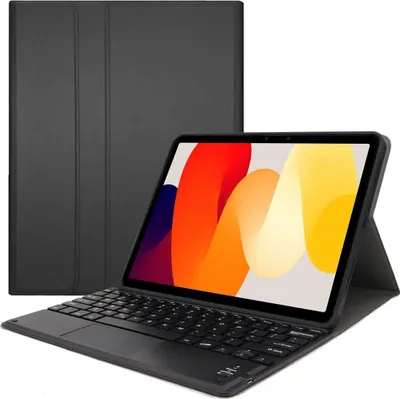 A black tablet with a keyboard case attached, shown from a slightly elevated front-left angle.