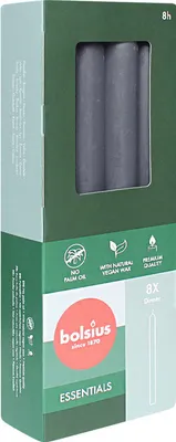 Produktbild von Stabkerzen, Stürmisches Grau, BOLSIUS Essentials, 20/230 mm, Brenndauer ca. 8h, 8 Stück pro Verpackung, Torpedokerzen, Dinnerkerzen