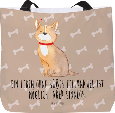 Produktbild von Mr. & Mrs. Panda Tote Bag Hund Glück - Hundeglück - Geschenk, Tasche, Reisetasche, Laptoptasche, Schultasche, Strandtasche, Süß, Herz, Sprüche, Liebe, Corgie