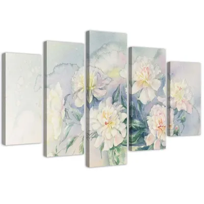 Produktbild von 5-teiliges leinwandbild weißer blumenstrauß 200x100 cm Feeby grau wandbild bereit zum aufhängen