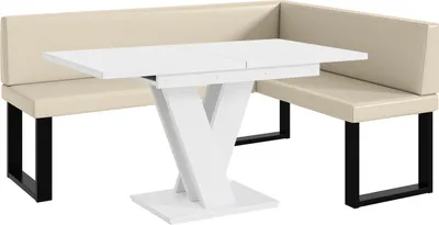 Produktbild von MEBLINI Eckbank für Esszimmer mit ausziehbarem Tisch  - Küchenbank - Essecke - Sitzecke Küche - TONI - U-Beine 128x168x87cm Rechts - Creme Kunstleder/M Weiß Matt