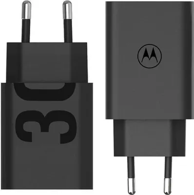 Two black Motorola chargers are shown side-by-side against a white background.