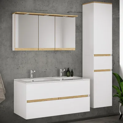 Produktbild von VCM 4-tlg. Doppelwaschtisch Cosila mit Doppel Keramikbecken – Badschrank H. 51 x B. 111 x T. 51 cm mit 2 Softclose-Schubladen, Spiegelschrank mit Beleuchtung & Steckdose und Hochschrank Cosila-I