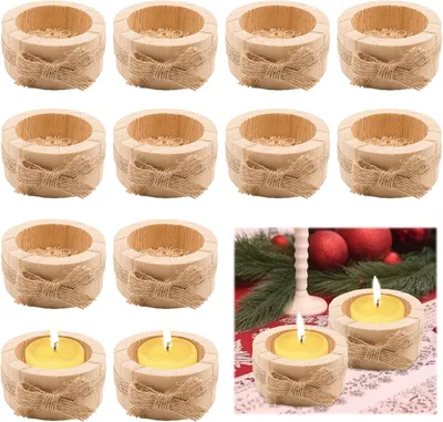 Image de 12 bougeoirs en bois pour petites bougies, dimensions 6 x 2,5 cm, supports pour bougies votives, bougeoirs en bois rustiques pour la décoration de table, idéaux pour les mariages et Noël