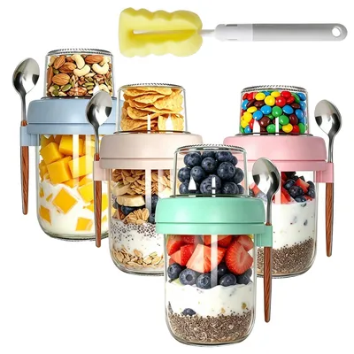 4er Set Müslibecher to Go, Doppelwand-Design, 590 ml, Glas