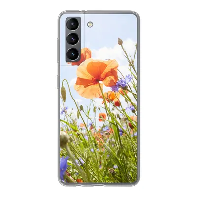 Produktbild von MuchoWow® Handyhülle Schutzhülle Hülle für Samsung Galaxy S21 Blumen - Mohn - Frühling - Natur - Rot - Blau Silikon Softcase Handy Hülle - Softcase
