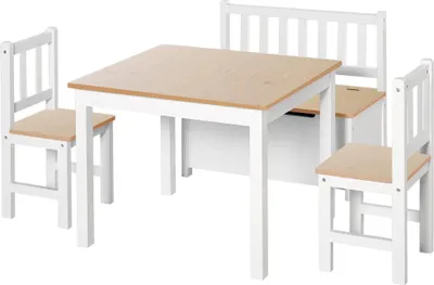 Produktbild von Kindertisch und Stuhl Set - Möbelset für Kinder - 2 Holzstühle - Bank - Montage erforderlich
