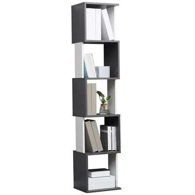 Produktbild von Bücherregal – Holzregal – 5-stöckiges Holzregal – Aufbewahrungsregal – Ausstellungsregal – Platzsparend – 33 x 28 x 161 cm – Grau, Weiß