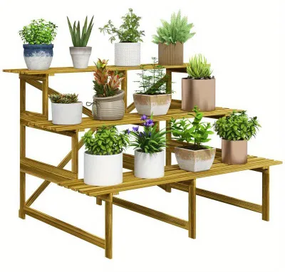 Image de Étagère à fleurs - 3 niveaux - Support pour plantes - Étagère à herbes aromatiques - Résistant aux intempéries - Bois - 120x80x78 cm