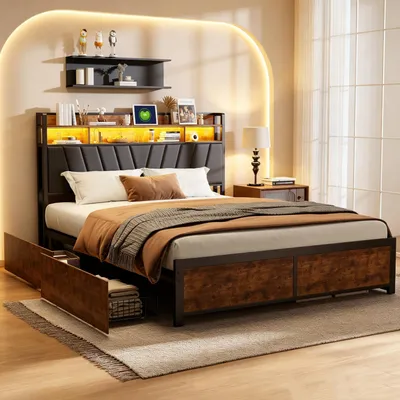 Obrázok produktu pre Postel s čalúneným rámom INONEFT, 180x200 cm, s USB portami a zásuvkami, 4 zásuvky, posteľ pre mládež/dvojlôžková posteľ s LED osvetlením a latkovým roštom, úložná posteľ, masívna posteľ, čierna farba