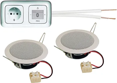 Produktbild von Busch Jäger Unterputz Bluetooth Radio 8217 U (8217U) alpinweiß Reflex SI + 2 x Deckenlautsprecher/Einbaulautsprecher + Radio + Rahmen + Steckdose 20EUC-214 + 20 Meter Lautsprecherkabel 2x0,75 mm²