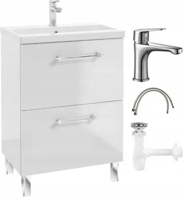 A white bathroom vanity set with a sink, faucet, and plumbing parts, displayed against a white background.