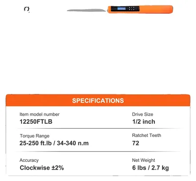 Obrázek produktu pro Momentový klíč, vysoká kompatibilita, přehledné měření, rozsah 1/2 palce, 25-250 ftlb