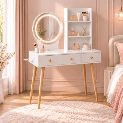 Immagine prodotto di Comò da trucco con specchio a LED, dimensioni 90 x 40 x 135 cm, 3 tonalità di luce, 3 cassetti, 3 scomparti a giorno, 2 prese di corrente e 2 porte USB, supporto per asciugacapelli, colore bianco