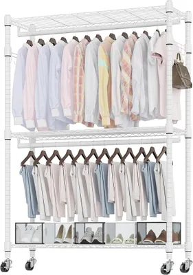 Imagen del producto de Perchero doble/barra para colgar ropa con estante ajustable en altura, perchero con ruedas, estructura de metal resistente, perchero para ropa de gran capacidad con 2 ganchos, 90 x 42 x 205 cm, color blanco