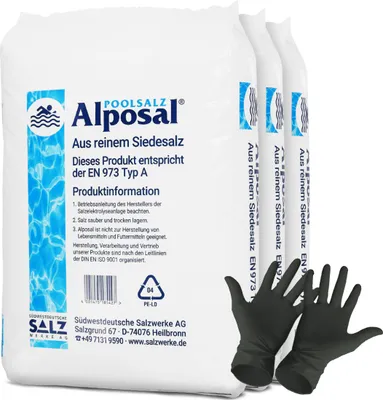 Produktbild von Alposal Poolsalz 75 kg, Schwimmbadsalz, Chlorinator geeignet, Salzelektrolyse, Siedesalz inklusiv 1 Paar ARNOMED Einweghandschuh
