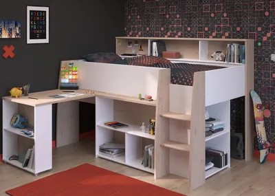 Produktbild von Stauraumbett >Lucas< in Weiss / Japanische Eiche - 209x133x140cm (LxBxH)