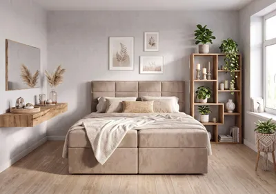 Obrázek produktu pro Postel s pružinovou základnou Keja, rozměr 140x200 | Měkká opěrka hlavy z polstrovaných panelů | včetně 2 matrací a 2 nočních stolků | potah Magic Velvet, světle hnědá barva