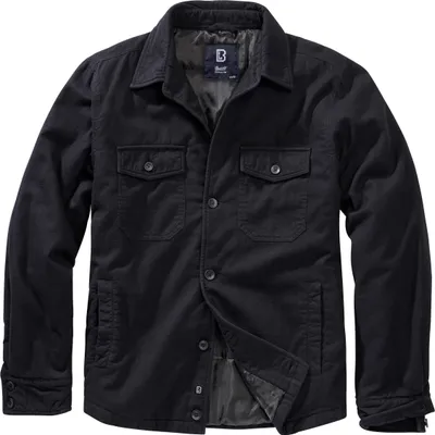 A black jacket laid flat against a white background.