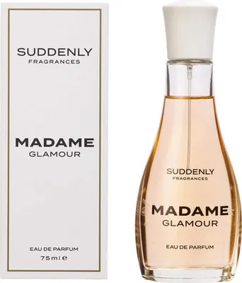 A perfume bottle and its packaging are shown side-by-side against a white background.