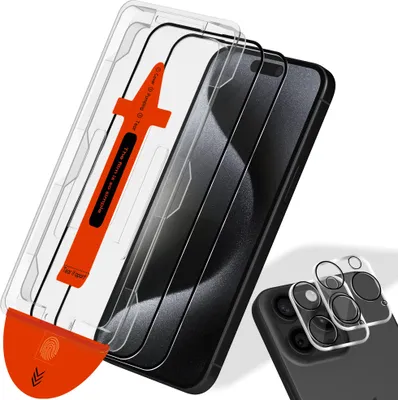 Produktbild von 2-Pack iPhone 15 Pro Max Displayschutzfolie & 2-Pack Kameraschutz - Gehärtetes Glas | [Automatische Installation] - Blasenfrei