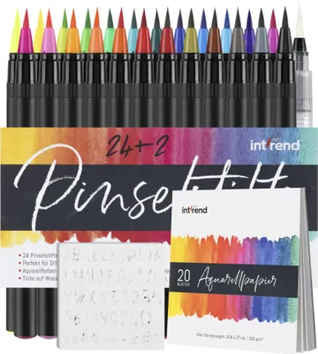 Produktbild von int!rend 24 Aquarellstifte Pinselstifte - Brush Pen Set - 2 Wasserpinselstifte - 20 Blätter Aquarellpapier 5 Schablonen - Aquarellfarben Stifte -